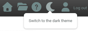 The header bar in the light theme, showing the Switch to the dark theme tooltip on the theme icon