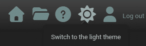 The header bar in the dark theme, showing the Switch to the light theme tooltip on the theme icon