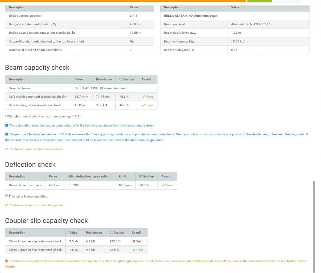 Beam capacity and deflection checks in the bridge design report